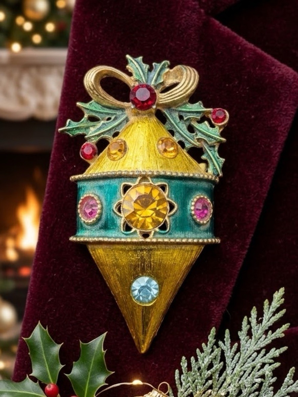 Christmas Ornament Christmas Ornament Brooch Pin Bright Gold Holly Rhinestones